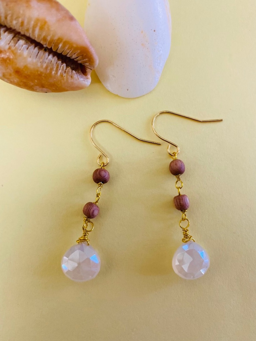 Pearl Chalcedony Earrings with Wooden Beads
